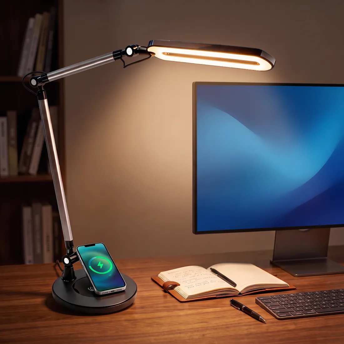 OTUS architect lamp with a phone charging on its base in the evening