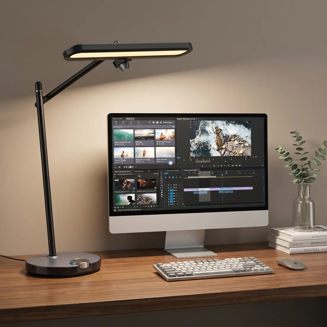 OTUS monitor desk lamp with motion sensor lighting a desk over a monitor